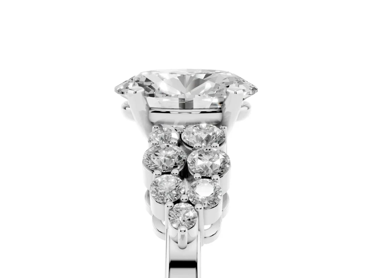 Oval Cut Cluster Diamond Engagement Ring with Pavé Band and Four-Prong Setting Silver