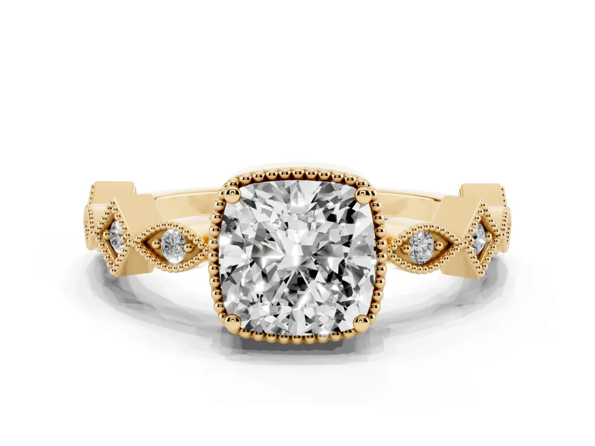 Cushion Cut Milgrain Marquise Diamond Twist Band Ring Yellow gold
