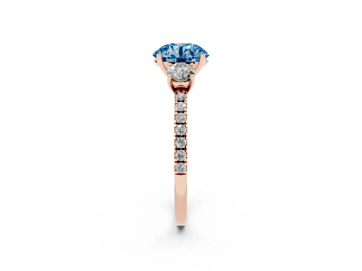 Fancy Blue Three-Stone Round Cut Cut Diamond Pavé Band with Prong Setting Rose gold