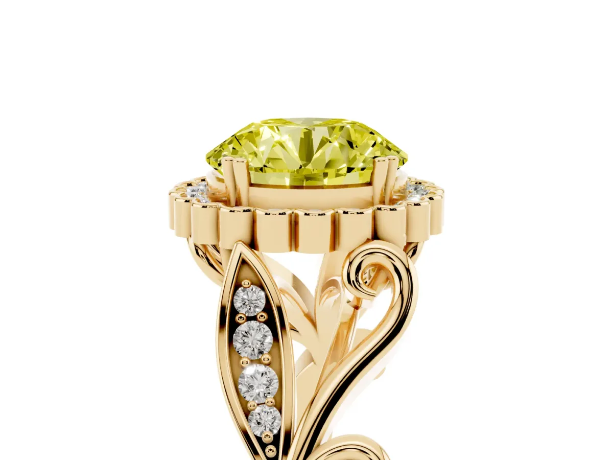 Fancy Yellow Round Cut Diamond Halo Ring with Vintage Split Shank and Four-Prong Setting Yellow gold