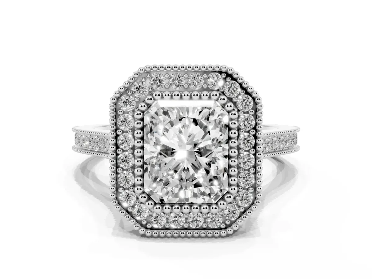 Radiant Cut Diamond Halo Ring with Milgrain Frame and Pavé Band Silver