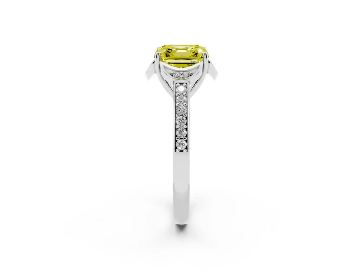 Fancy Yellow Asscher Cut Cut Halo Diamond Ring with Channel Set Band and Four-Prong Setting White gold