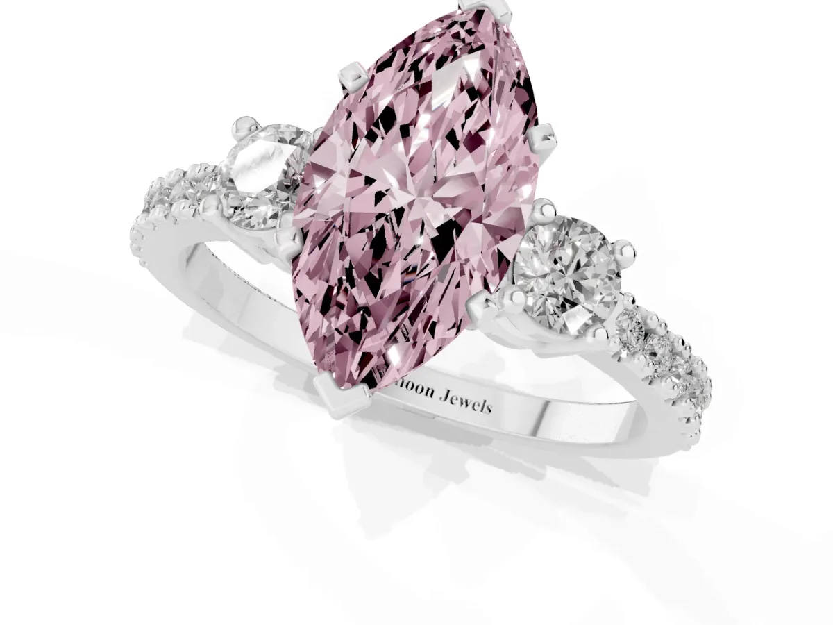 Fancy Pink Marquise Cut Three-Stone Diamond Pavé Band with Prong Setting Silver