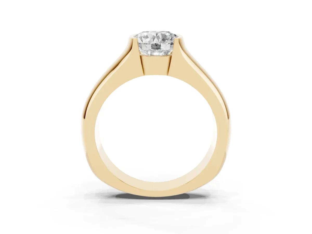 Round Cut Solitaire Bezel Set Diamond Ring with Wide Band Yellow gold