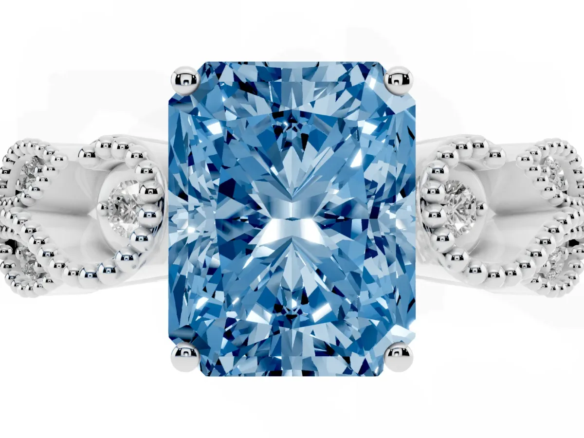 Fancy Blue Princess Cut Solitaire Milgrain Leaf Band with Prong Setting Silver