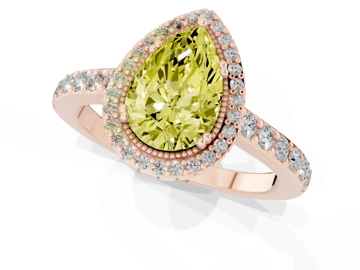 Fancy Yellow Pear Cut Cut Diamond Halo Engagement Ring with Milgrain Detail and Pavé Band Rose gold