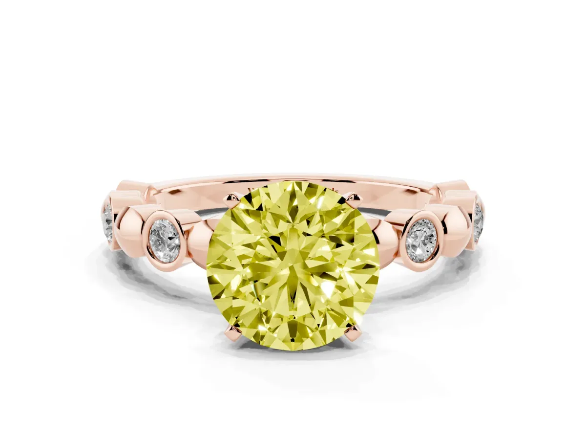 Fancy Yellow Round Cut Solitaire Bezel-Set Diamond Ring with Beaded Band and Four-Prong Setting Rose gold