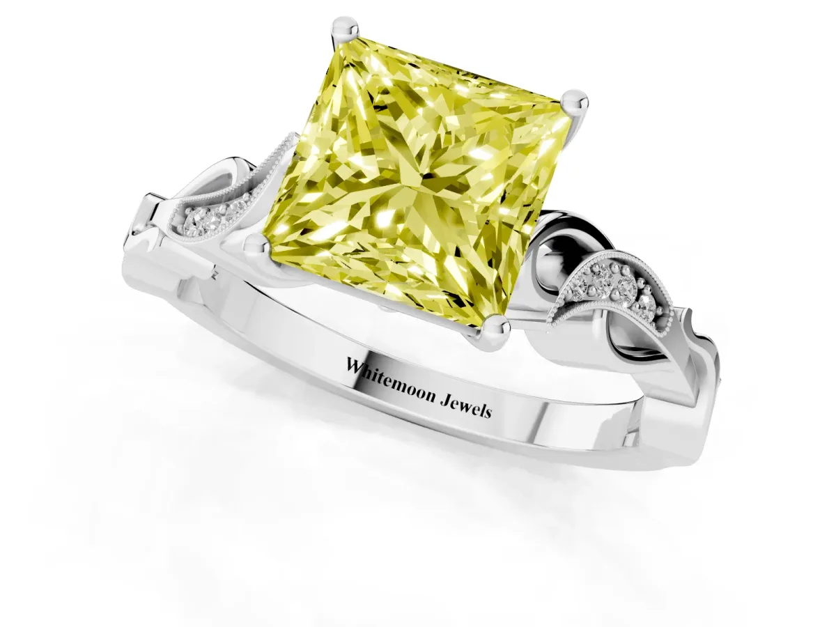 Fancy Yellow Princess Cut Solitaire Vine Band with Milgrain Prong Setting Silver