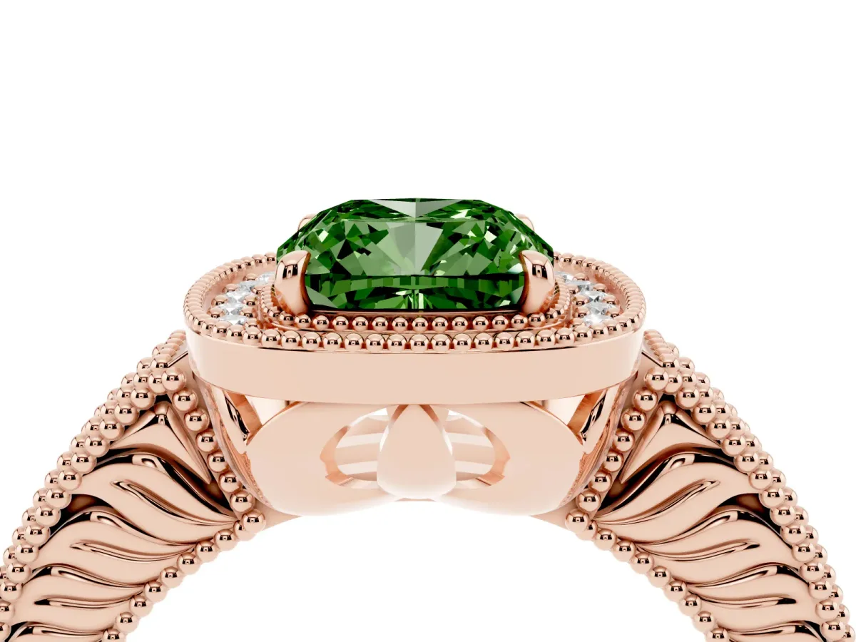 Fancy Green Cushion Cut Cut Halo Diamond Ring with Pavé Band and Four-Prong Setting Rose gold