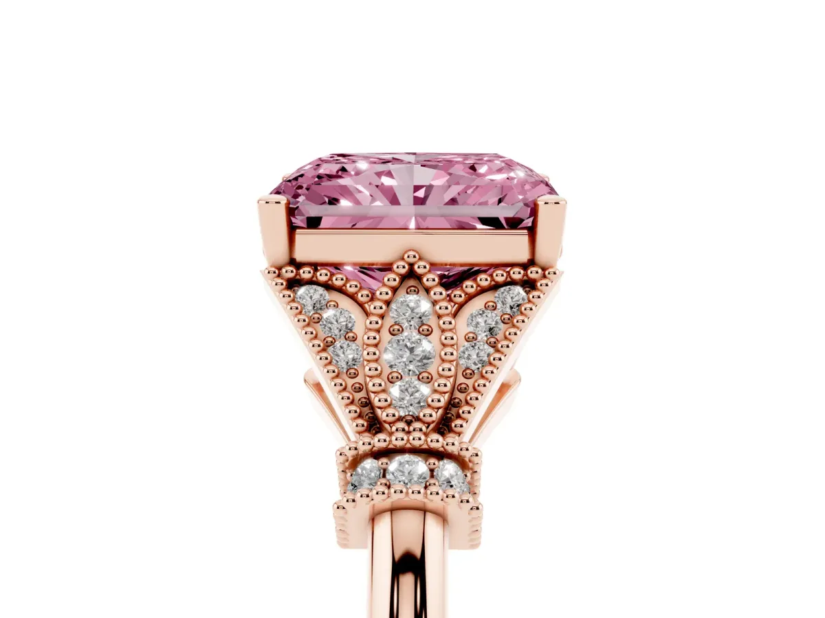 Fancy Pink Radiant Cut Diamond Solitaire Ring with Floral Filigree and Pave Accents Rose gold