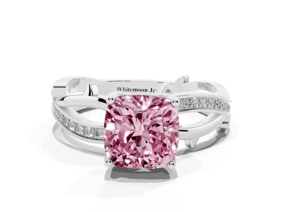 Fancy Pink Cushion Cut Solitaire Twist Band with Pavé Accents and Four-Prong Setting White gold