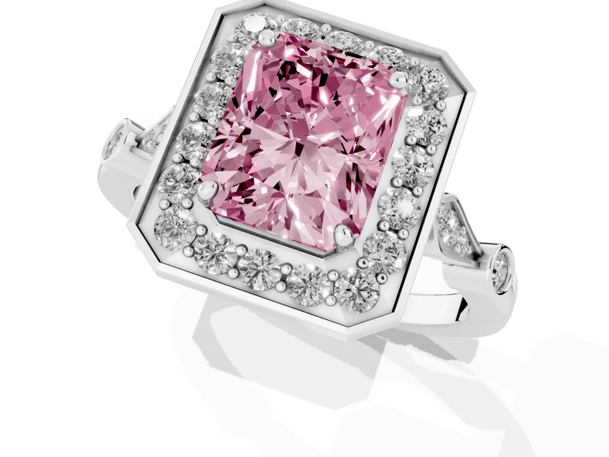 Fancy Pink Radiant Cut Halo Diamond Engagement Ring with Twisted Band and Four-Prong Setting Silver