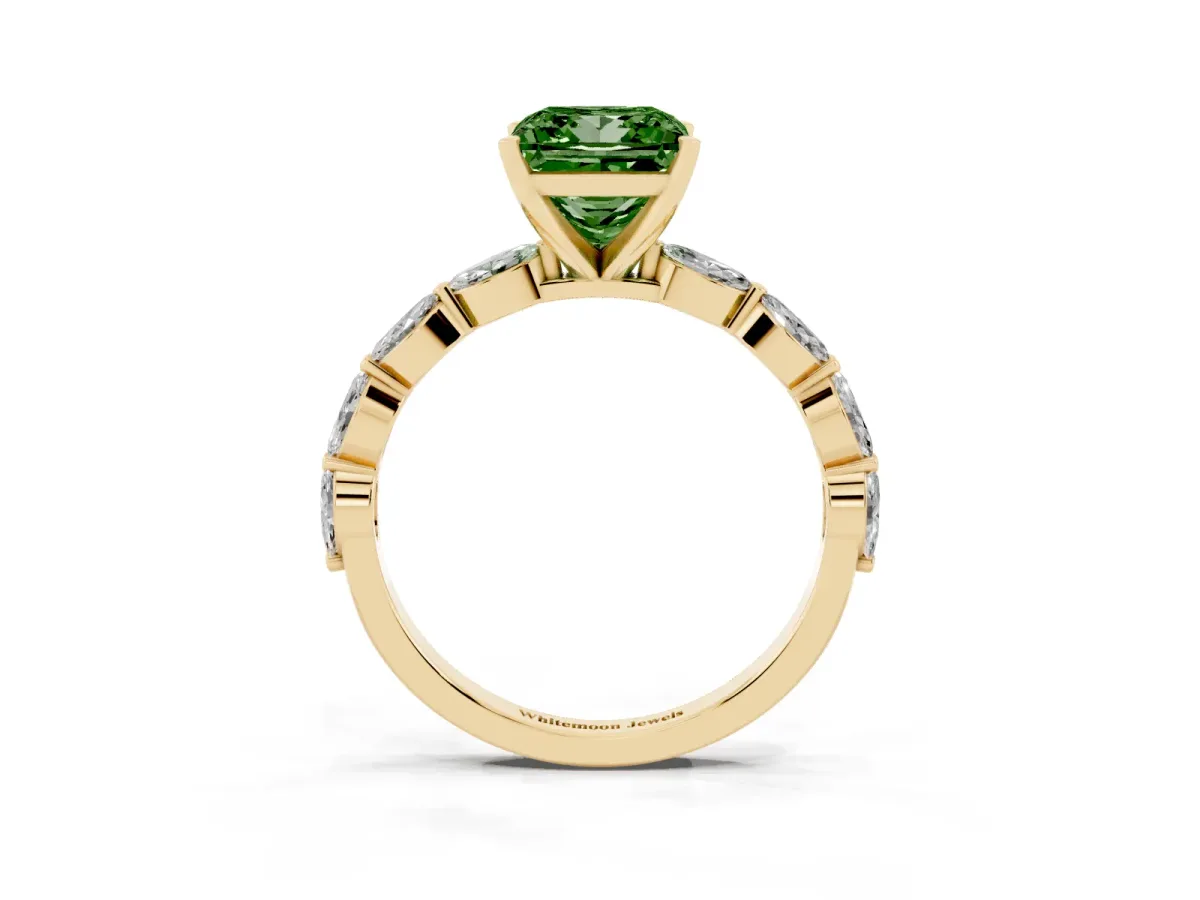 Fancy Green Princess Cut Diamond Ring with Marquise Side Stones and Prong Setting Yellow gold