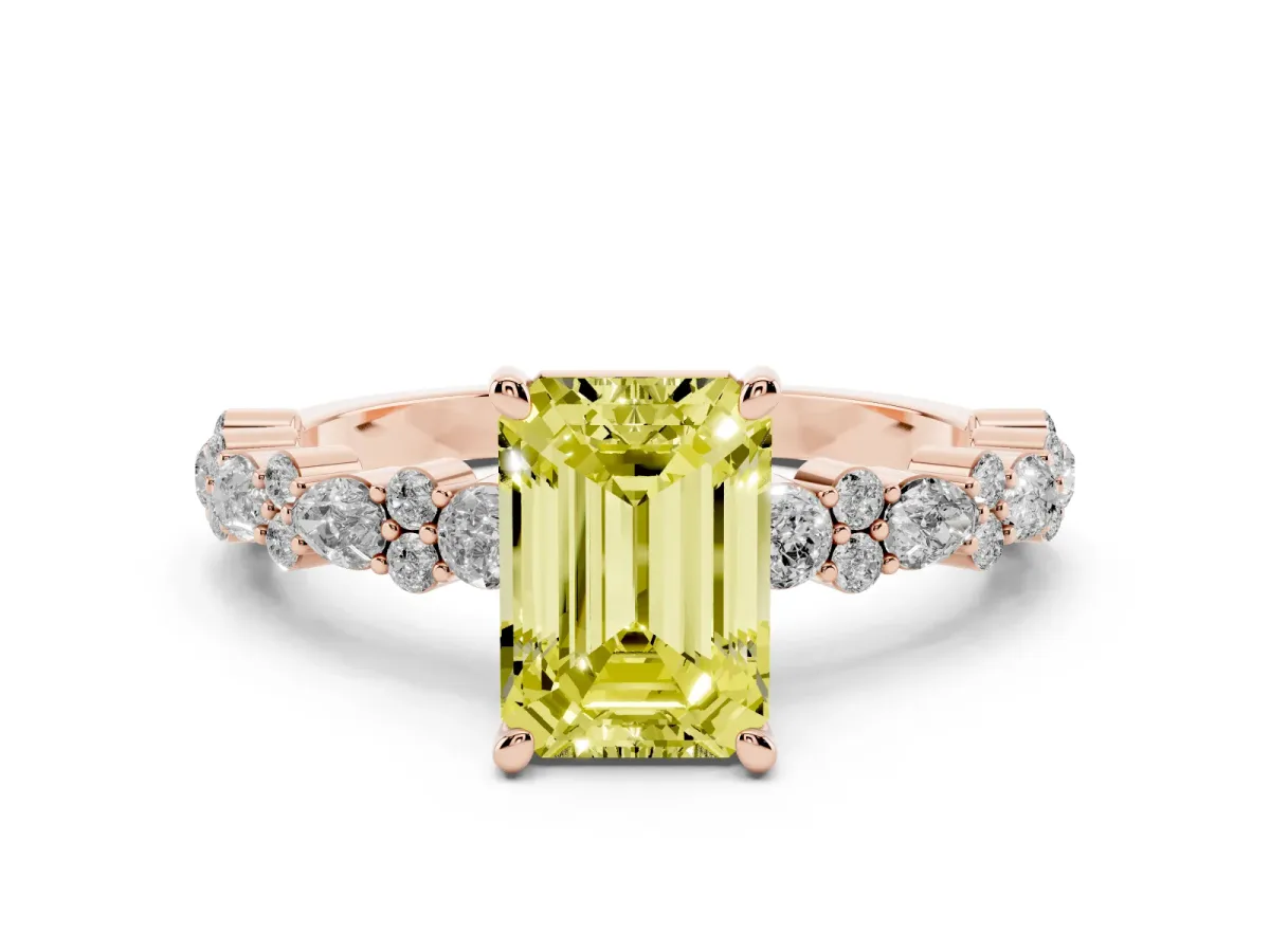Fancy Yellow Emerald Cut Diamond Side Stone Solitaire Ring with Round and Four-Prong Setting Rose gold