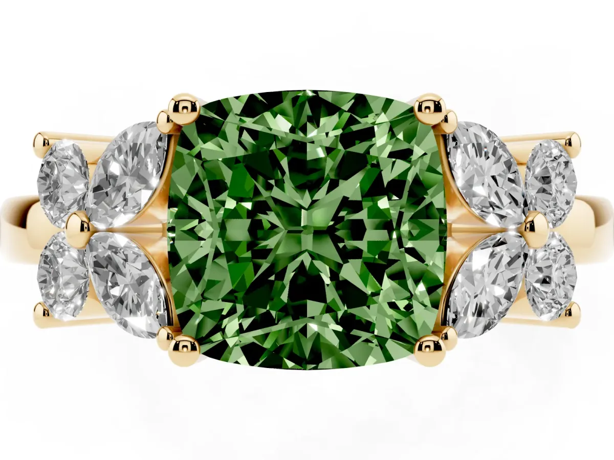Fancy Green Cushion Cut Diamond Floral Cluster Ring with Solitaire Band and Prong Setting Yellow gold