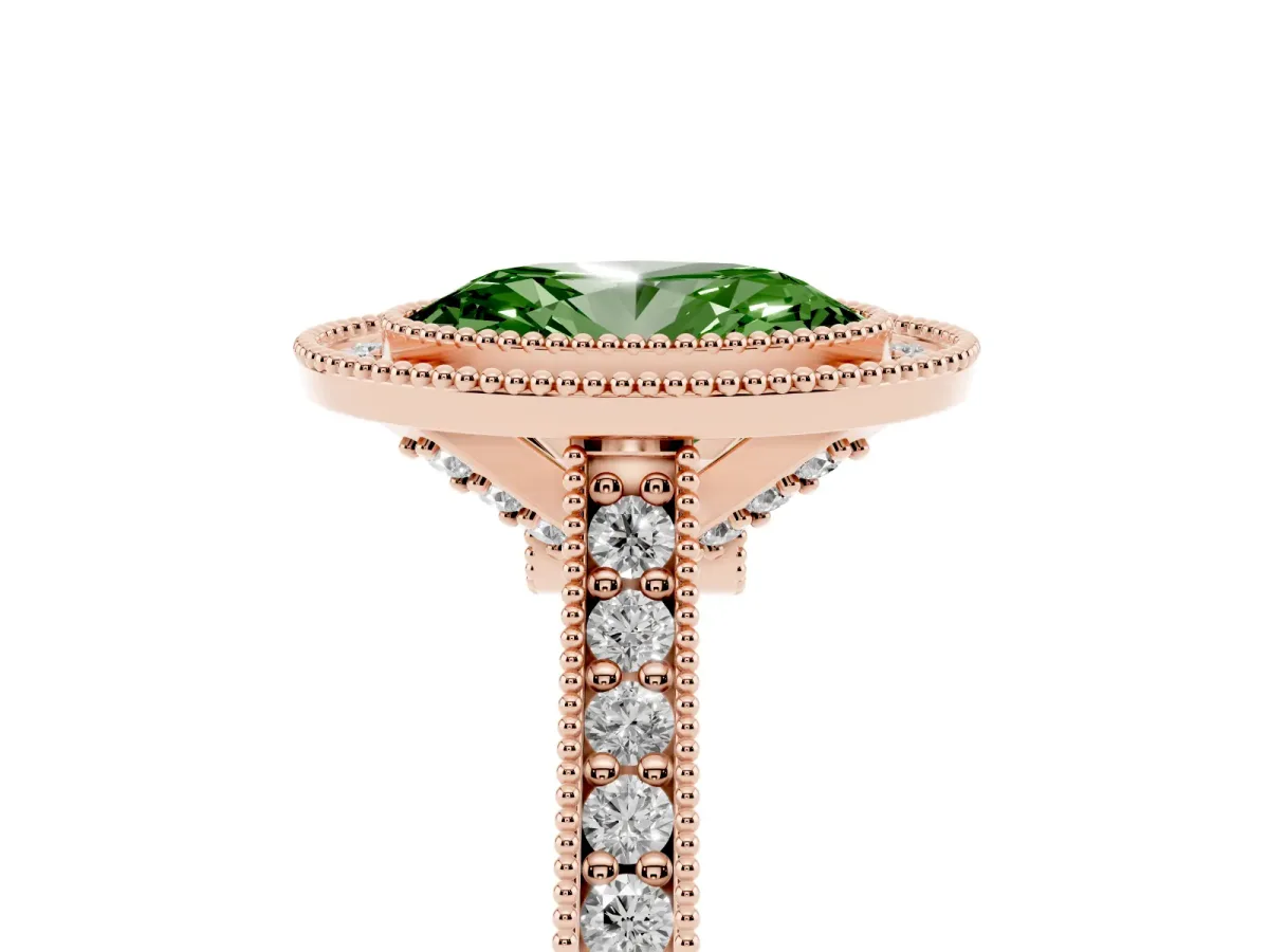 Fancy Green Halo Oval Cut-Cut Diamond Pave Band Milgrain Prong Setting Ring Rose gold