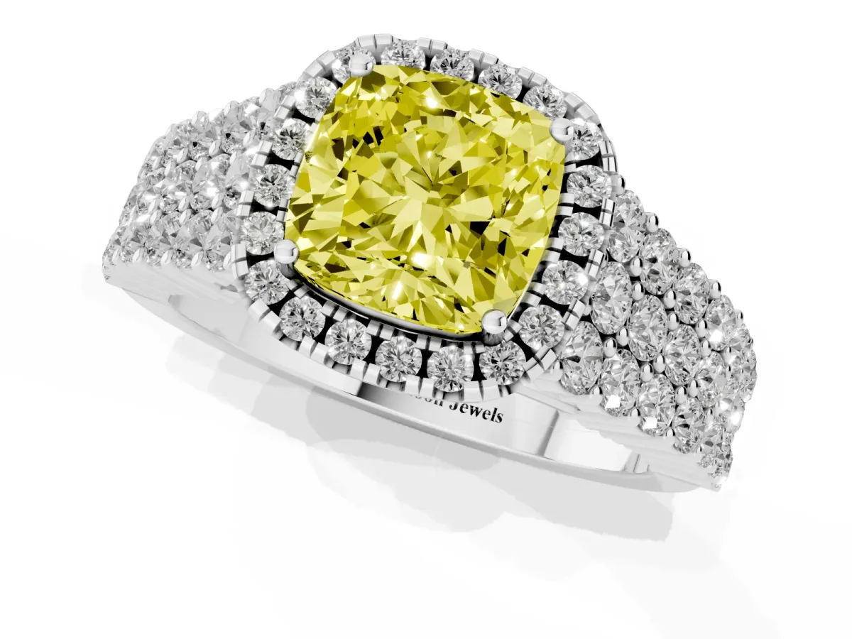 Fancy Yellow Cushion Cut Diamond Halo Engagement Ring with Triple Row Round Pavé Band and Prong Setting White gold