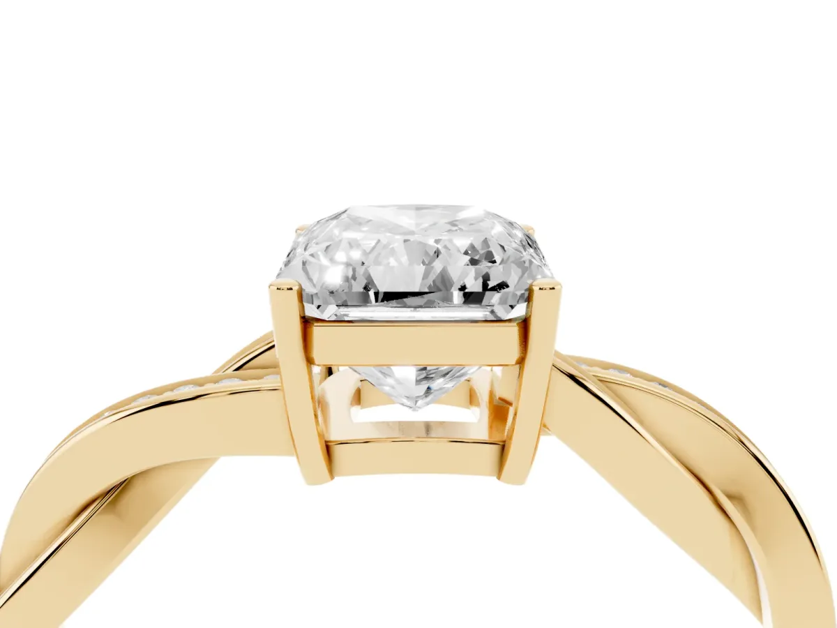 Radiant Cut Solitaire Twisted Pave Diamond Ring with Four-Prong Setting Yellow gold