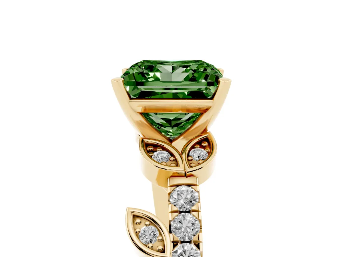 Fancy Green Princess Cut Solitaire Leaf-Inspired Diamond Ring with Pavé Band and Four-Prong Setting Yellow gold