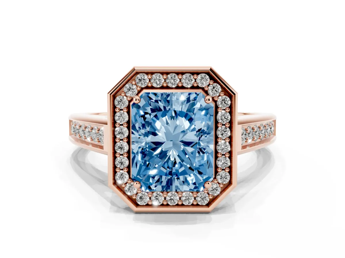 Fancy Blue Emerald Cut Halo Solitaire Diamond Ring with Pave Band and Bezel Setting Rose gold