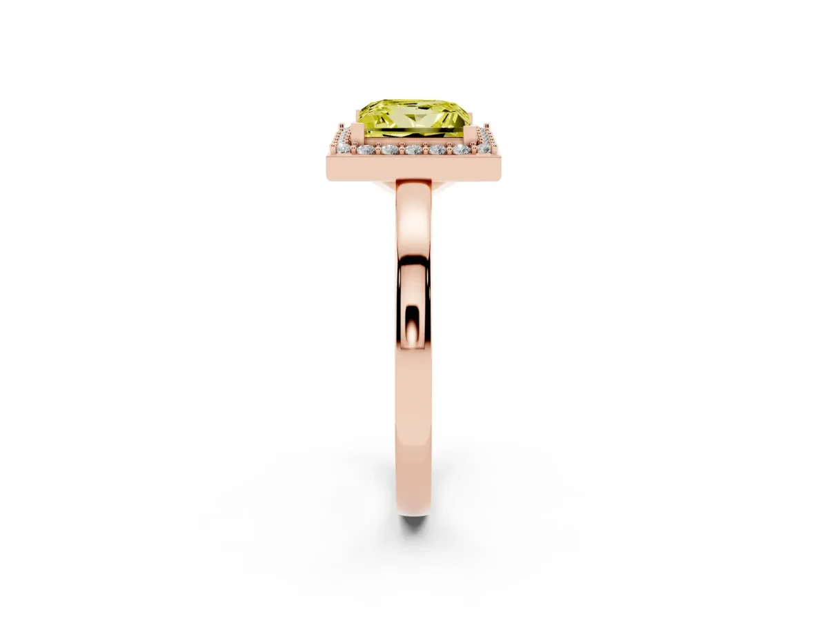 Fancy Yellow Princess Cut Halo Diamond Ring with Solitaire Band and Prong Setting Rose gold