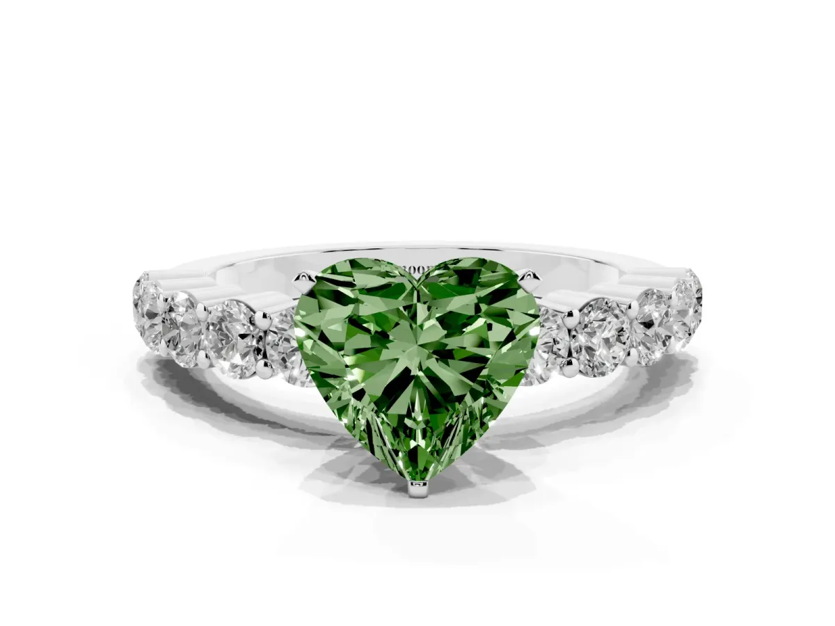 Fancy Green Heart Cut Diamond Solitaire Ring with Shared Prong Round Side Stones Platinum