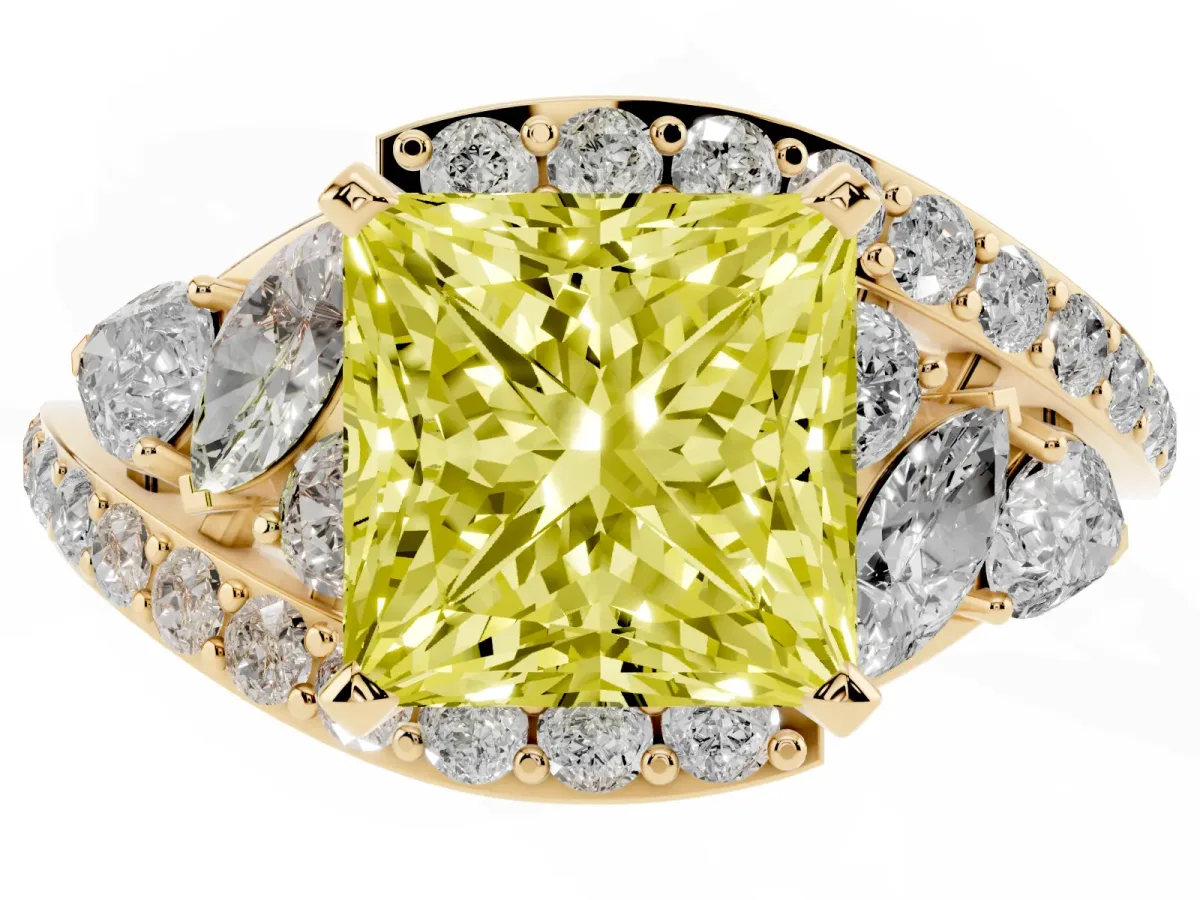 Fancy Yellow Princess Cut Diamond Halo Ring with Marquise and Pavé Band in Prong Setting Yellow gold