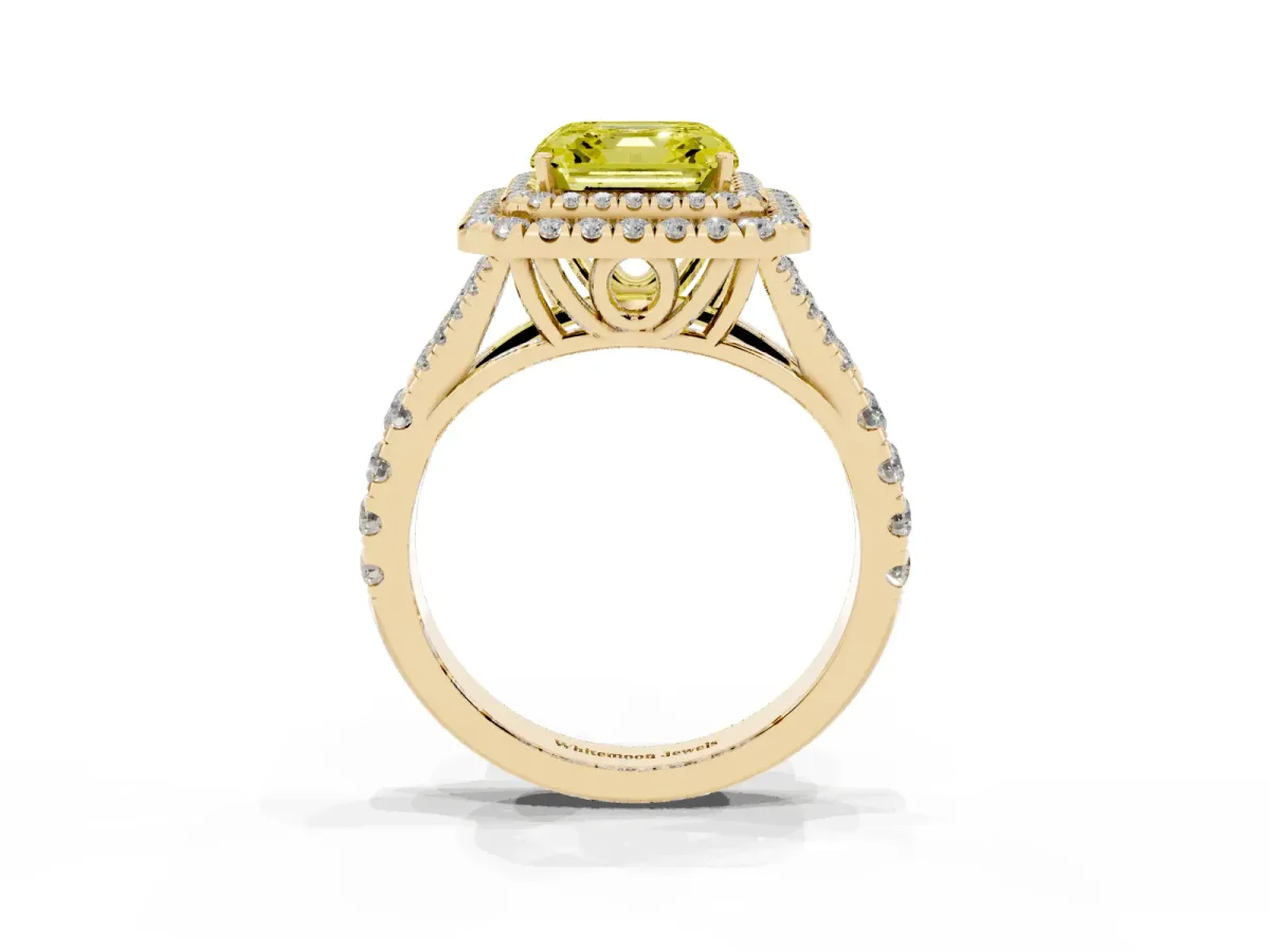 Fancy Yellow Asscher Cut Cut Double Halo Split Shank Diamond Ring with Prong Setting Yellow gold
