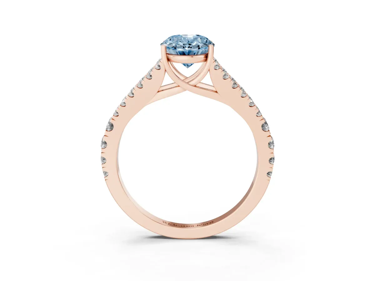 Fancy Blue Oval Cut Diamond Split Shank Engagement Ring with Round Pavé and Prong Setting Rose gold