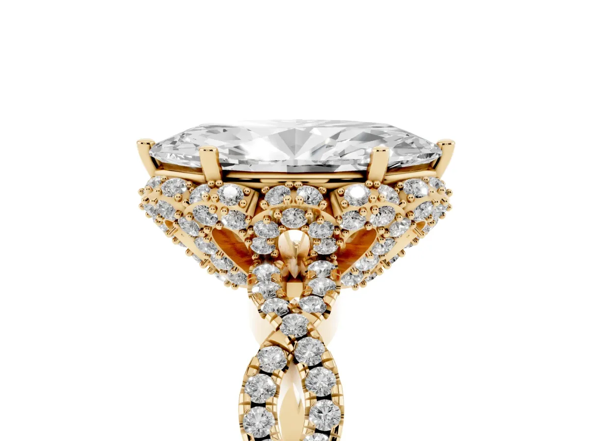 Marquise Cut Halo Twist Band Solitaire Ring with Six-Prong Setting Yellow gold