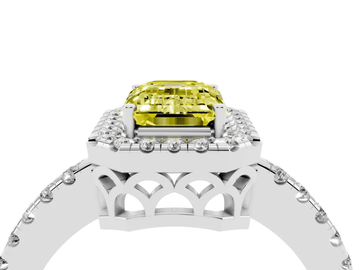 Fancy Yellow Emerald Cut Halo Diamond Engagement Ring with Pavé Band and Four-Prong Setting Silver