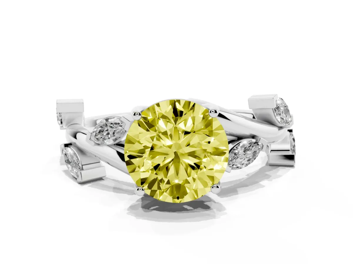 Fancy Yellow Round Cut Solitaire Twisted Band Marquise Accent Prong Setting Ring Silver