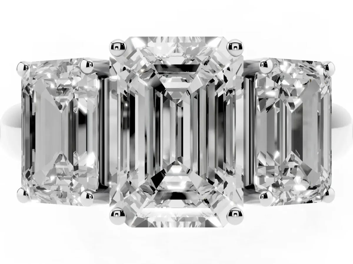 Three-Stone Emerald Cut Diamond Engagement Ring with Prong Setting Platinum