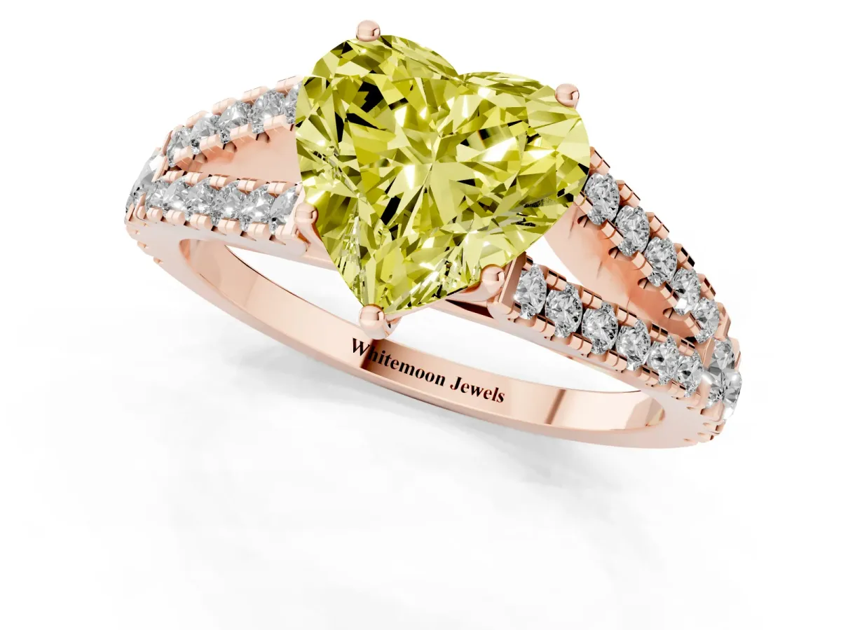 Fancy Yellow Heart Cut Diamond Split Shank Engagement Ring with Round Pavé and Prong Setting Rose gold