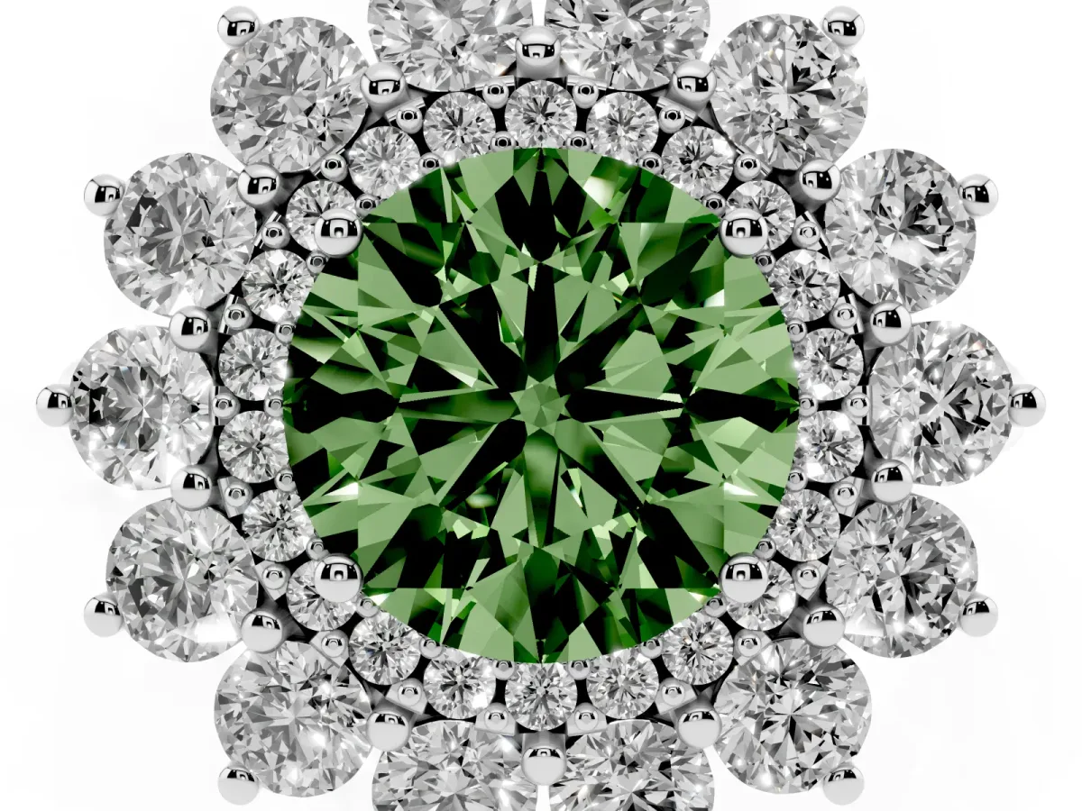 Fancy Green Round Cut Diamond Floral Double Halo Engagement Ring with Prong Setting Platinum