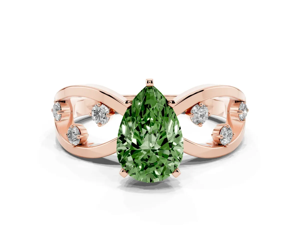 Fancy Green Pear Cut Cut Solitaire Diamond with Side Stones on Criss-Cross Band and Four-Prong Setting Rose gold