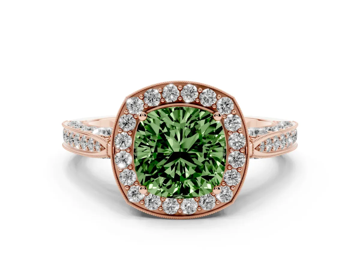 Fancy Green Cushion Cut Halo Diamond Engagement Ring with Split Shank Band and Four-Prong Setting Rose gold