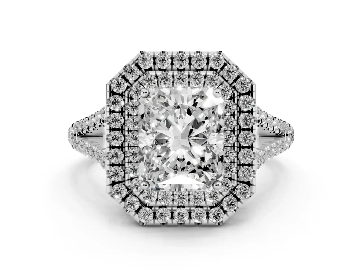 Radiant Cut Diamond Double Halo Ring with Pavé Band and Prong Setting Silver