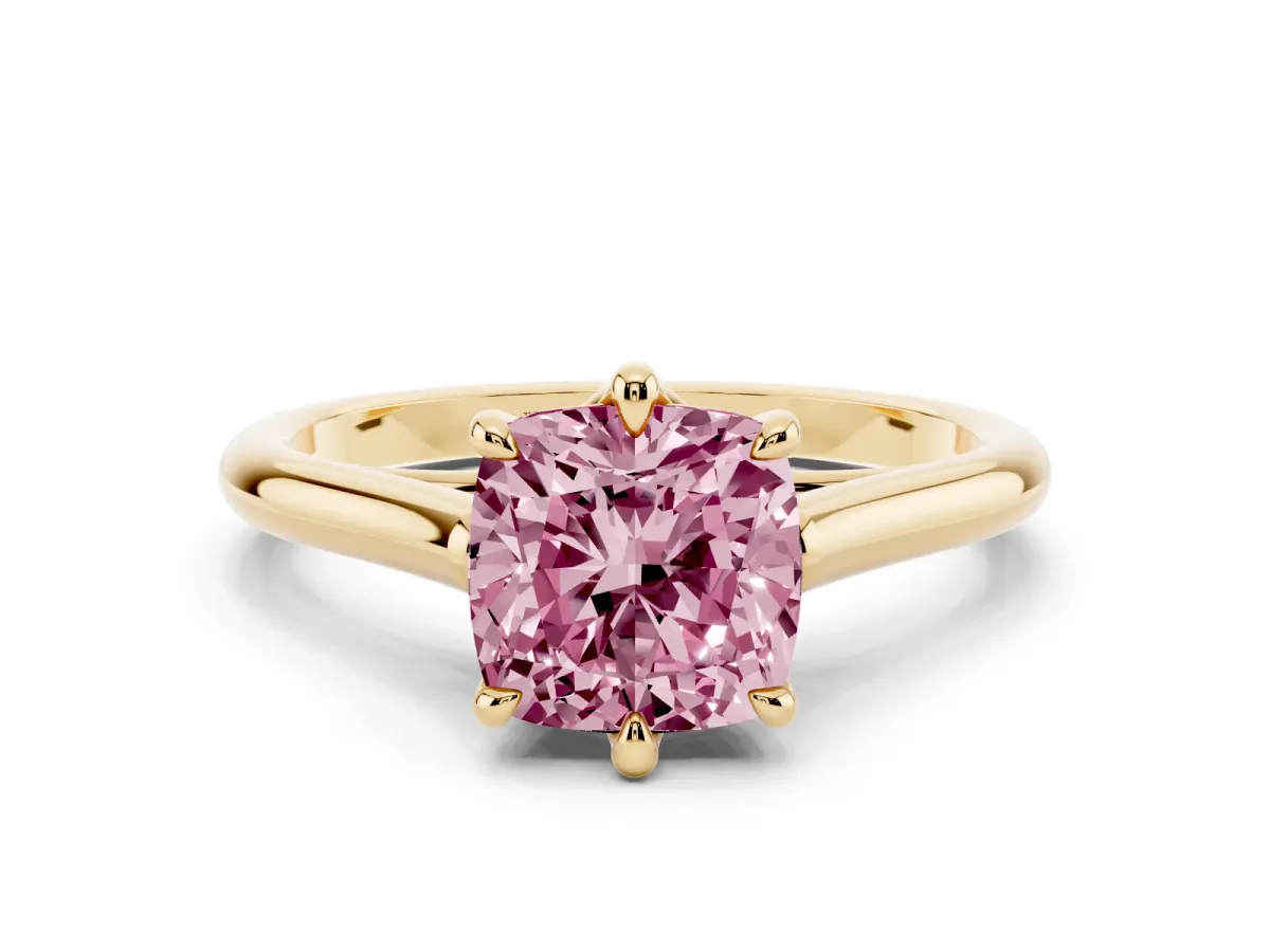 Fancy Pink Cushion Cut Solitaire Engagement Ring with Six-Prong Setting and Classic Band Yellow gold