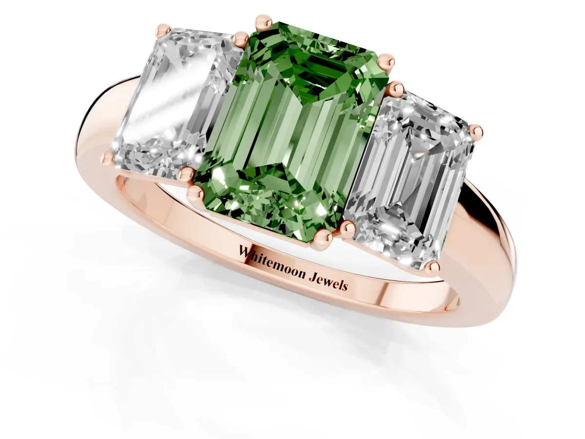 Fancy Green Emerald Cut Diamond Three-Stone Ring with Four-Prong Setting and Classic Band Rose gold