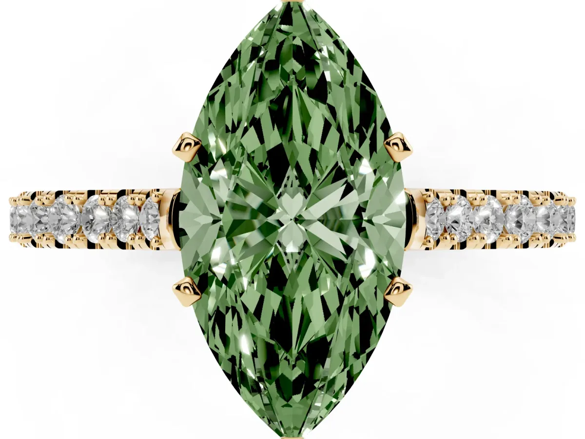 Fancy Green Marquise Cut Cut Solitaire Diamond Engagement Ring with Pave Band and Four-Prong Setting Yellow gold