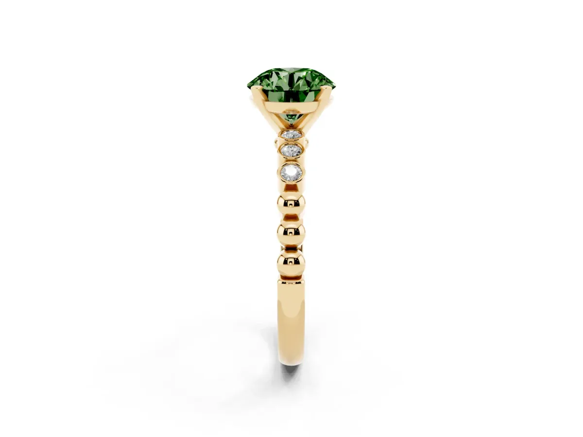 Fancy Green Round Cut Solitaire Bezel Accent Diamond Engagement Ring with Beaded Band and Four-Prong Setting Yellow gold