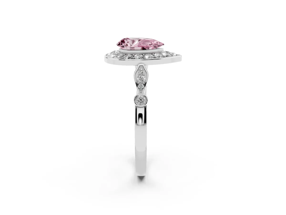 Fancy Pink Pear Cut Halo Diamond Engagement Ring with Twisted Band and Four-Prong Setting Silver