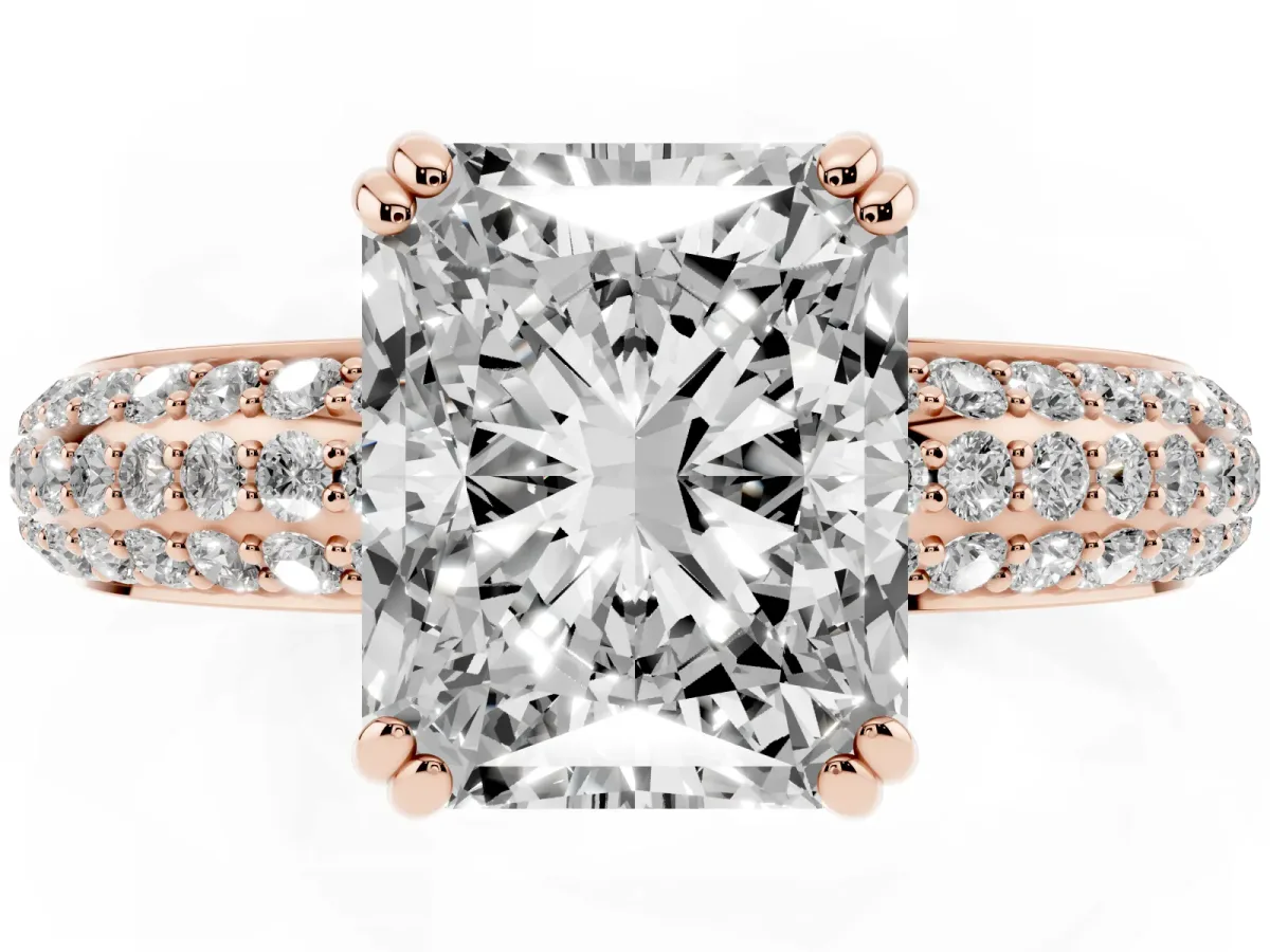 Radiant Cut Diamond Solitaire Ring with Multi-Row Round Pavé Band and Prong Setting Rose gold