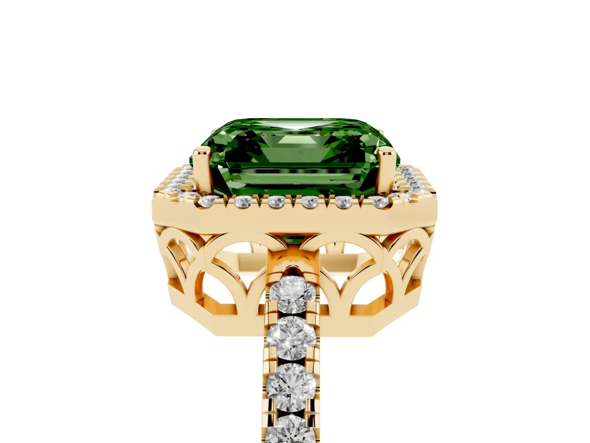 Fancy Green Asscher Cut Halo Diamond Engagement Ring with Pavé Band and Four-Prong Setting Yellow gold