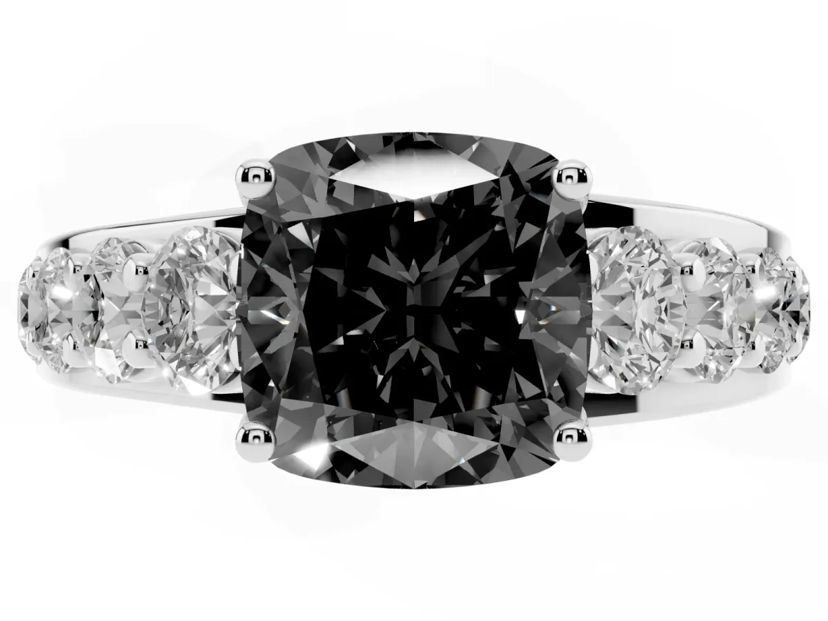 Fancy Black Cushion Cut Diamond Engagement Ring with Pavé Band and Four-Prong Setting Platinum