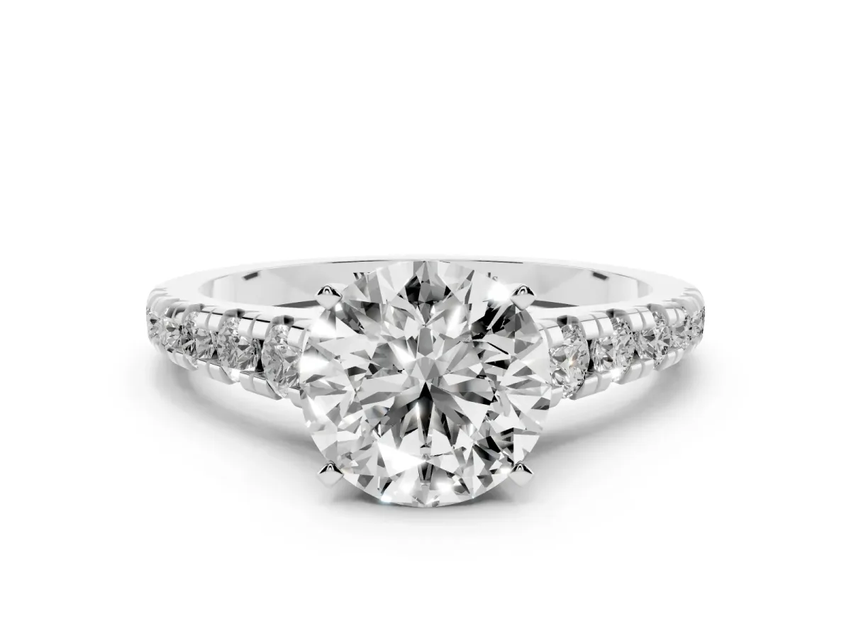 Round Cut Diamond Cathedral Solitaire Ring with Round Pavé Band Silver