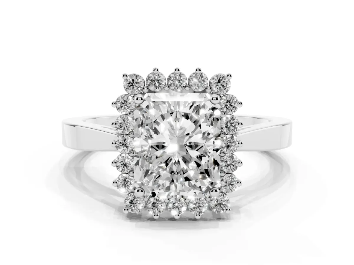 Radiant Cut Cut Diamond Halo Ring with Round Brilliant Halo and Solitaire Band Platinum
