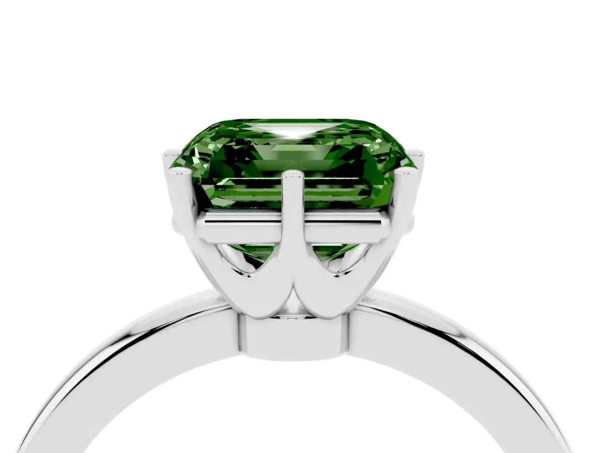 Fancy Green Asscher Cut Solitaire Diamond Ring with Six-Prong Setting on a Classic Band Silver