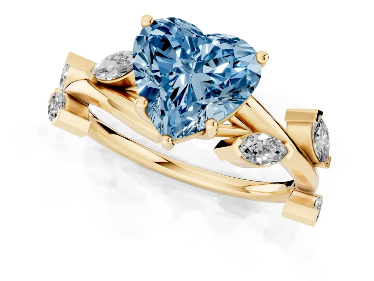 Fancy Blue Heart Cut Solitaire Twisted Band Marquise Accent Prong Setting Ring Yellow gold